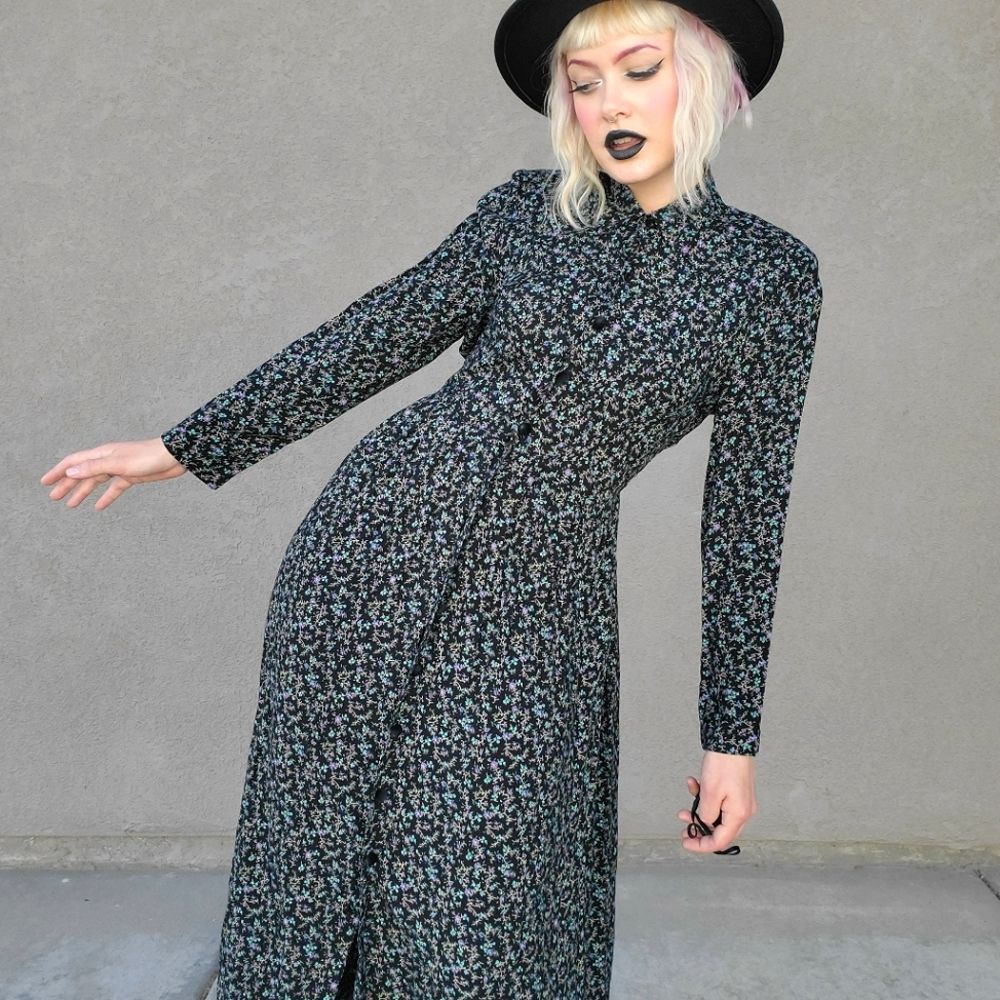 80's Vintage Goth Prairie Calico Maxi Dress